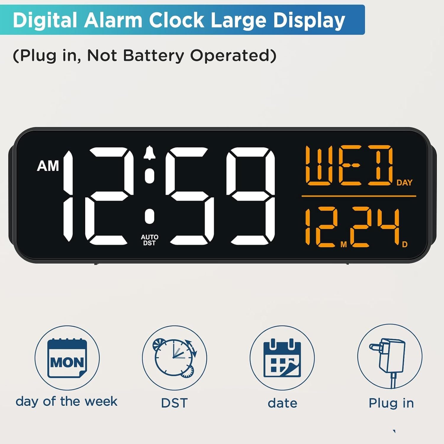 Large Display Digital Alarm Clock for Bedrooms, Date Day of Week Desk Table Clocks for Living Room Office, Dimmable 5 Dimmers Plug in Electric Clock, Auto DST New Era Fashion LLc