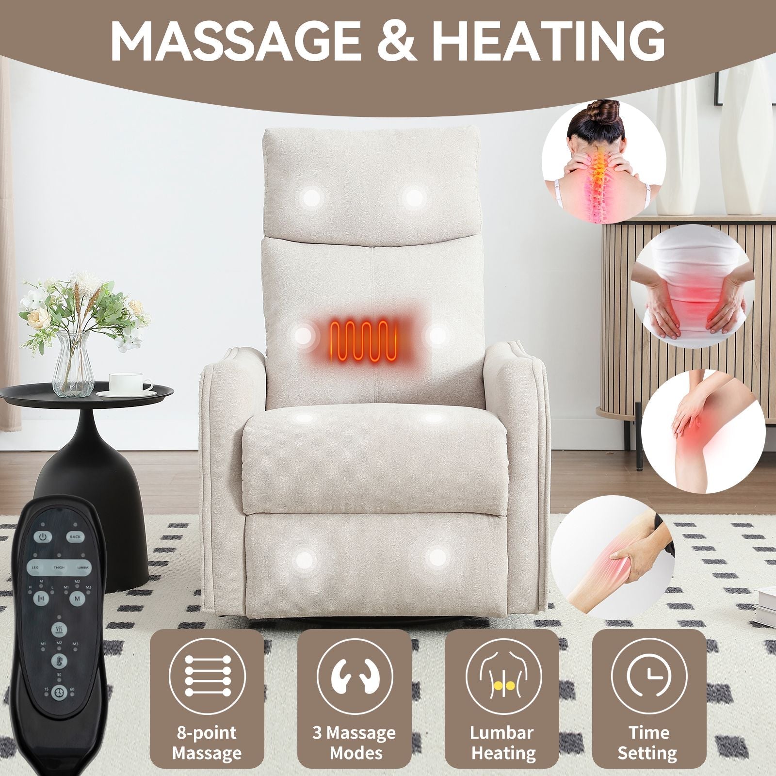 Heat Massage Manual Recliner Chair with Rocker and Swivel in Fabric for Living Room, Beige New Era Fashion LLc