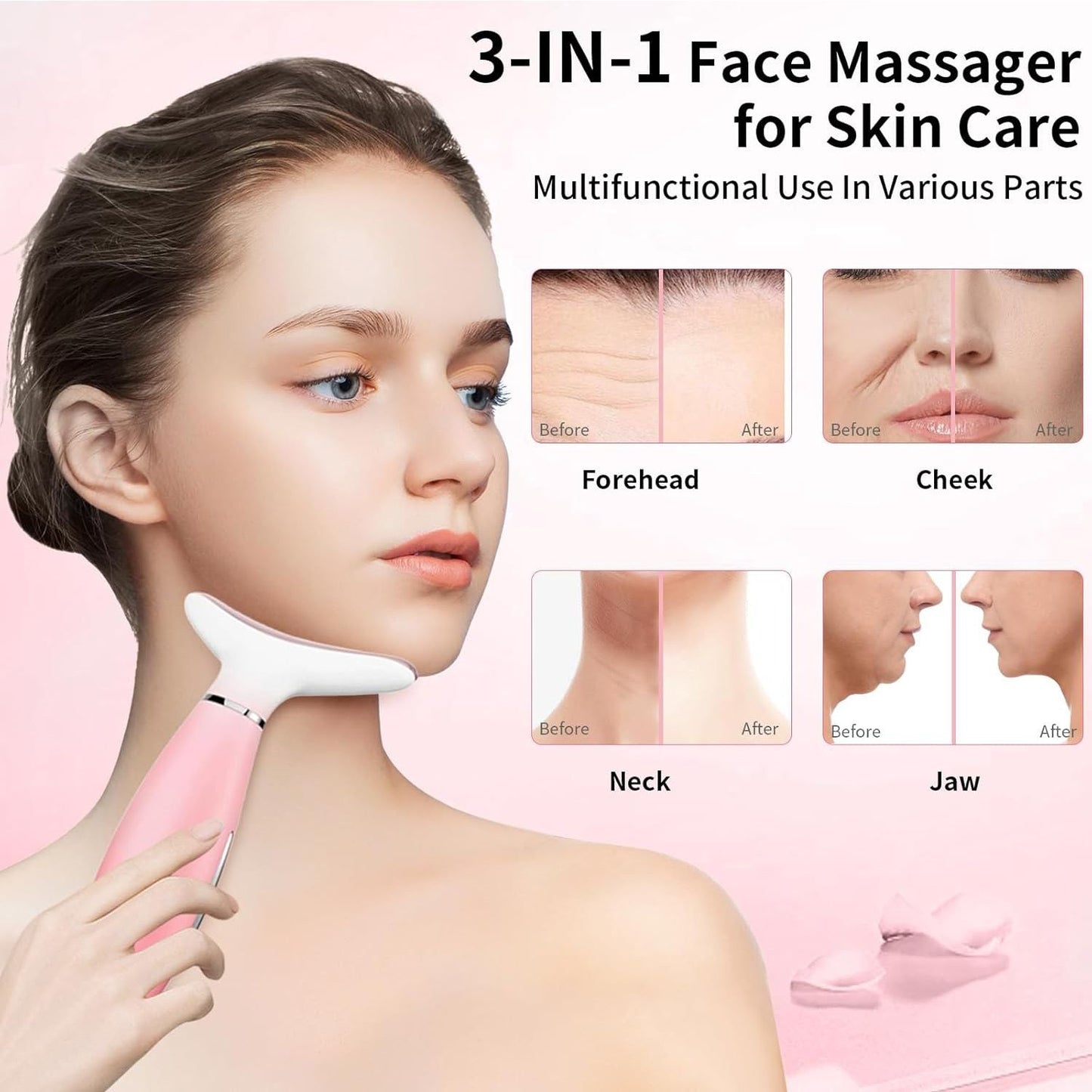 Neck Face Massager, Skin Care Face Massage Tool, 3-in-1 Facial Massager, Face Sculpting Tool with Thermals, Vibration (Pink) New Era Fashion LLc