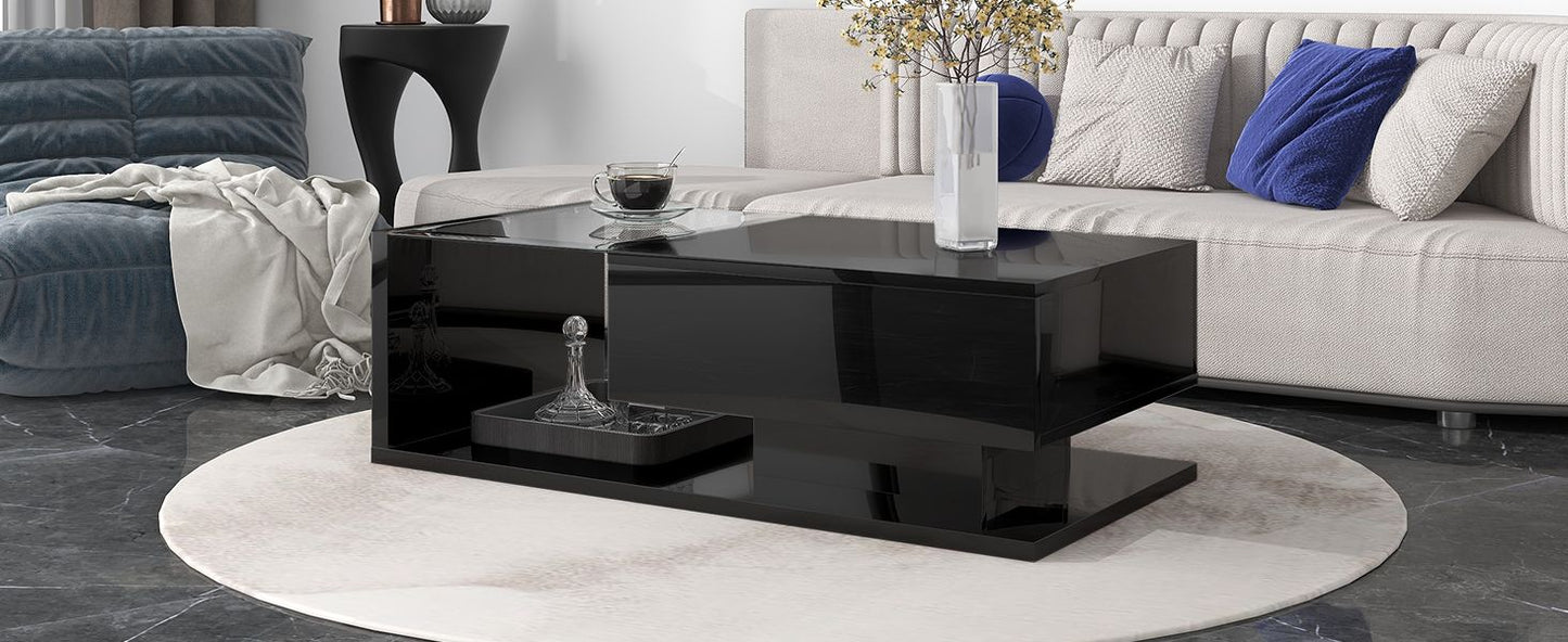 [VIDEO provided] ON-TREND Modern Coffee Table with Tempered Glass, Wooden Cocktail Table with High-gloss UV Surface, Modernist 2-Tier Rectangle Center Table for Living Room, Black New Era Fashion LLc