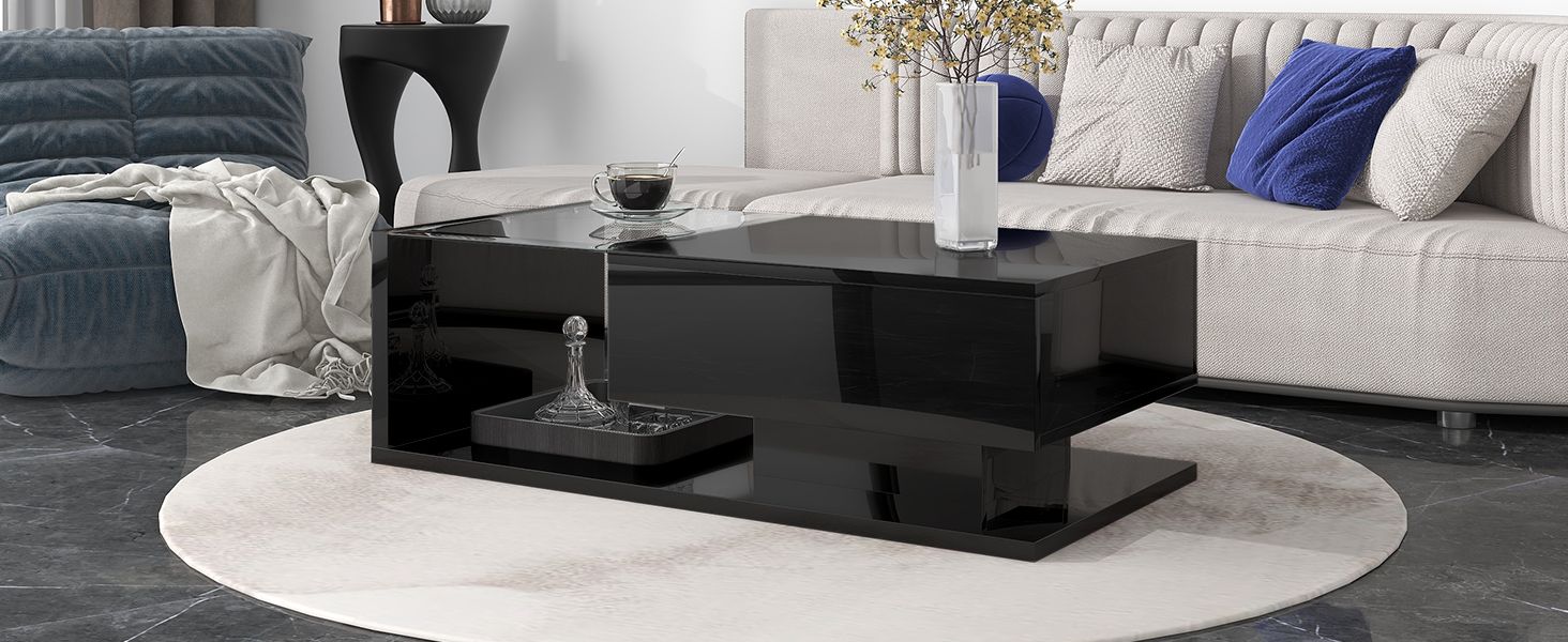 [VIDEO provided] ON-TREND Modern Coffee Table with Tempered Glass, Wooden Cocktail Table with High-gloss UV Surface, Modernist 2-Tier Rectangle Center Table for Living Room, Black New Era Fashion LLc