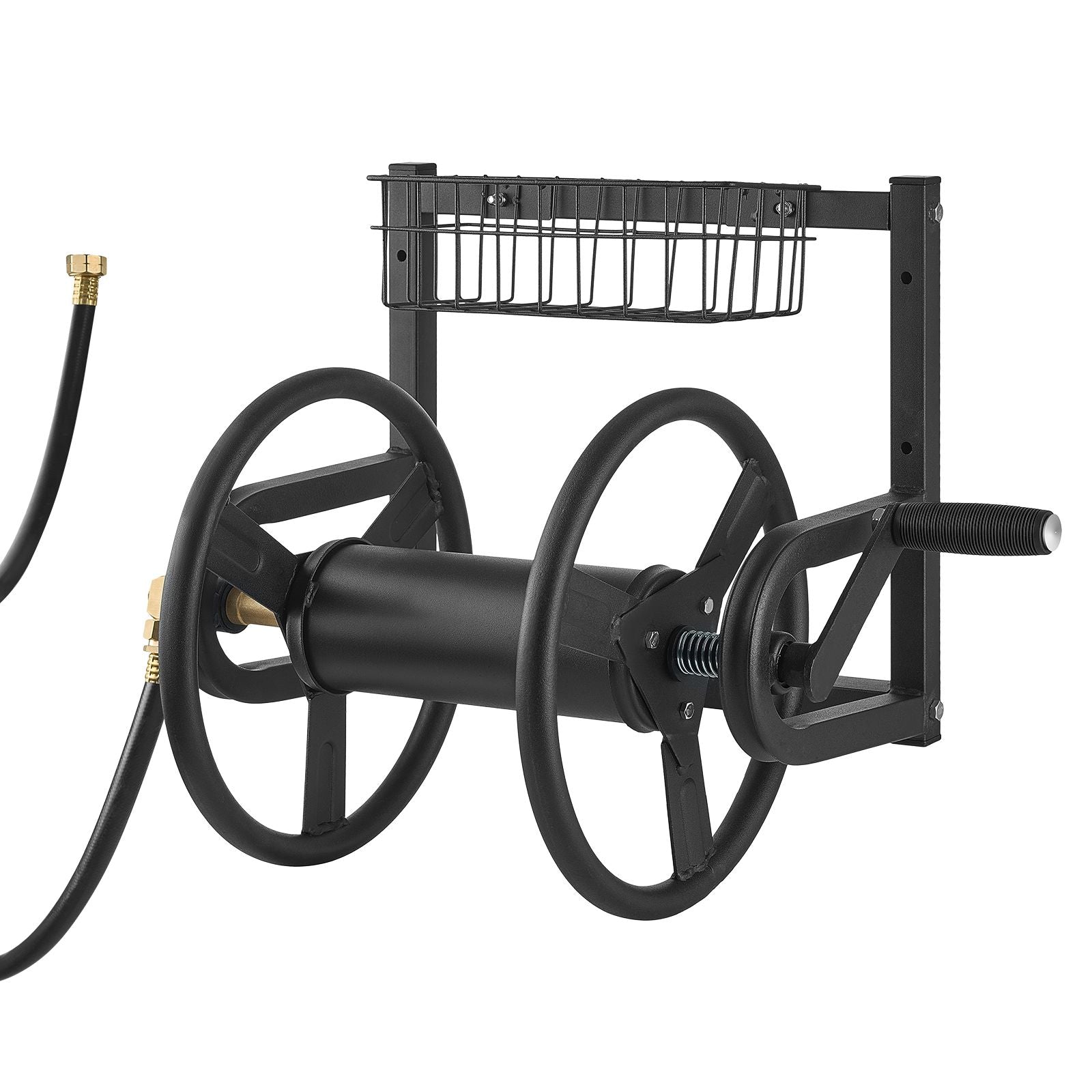 Wall Mounted Garden Hose Reel, Holds 125 ft 5/8-inch Hose, Heavy-Duty Water Hose Winder, Space-Saving Design, Outdoor Manual Reel with Brass Fitting and Storage Basket for Yard Lawn New Era Fashion LLc