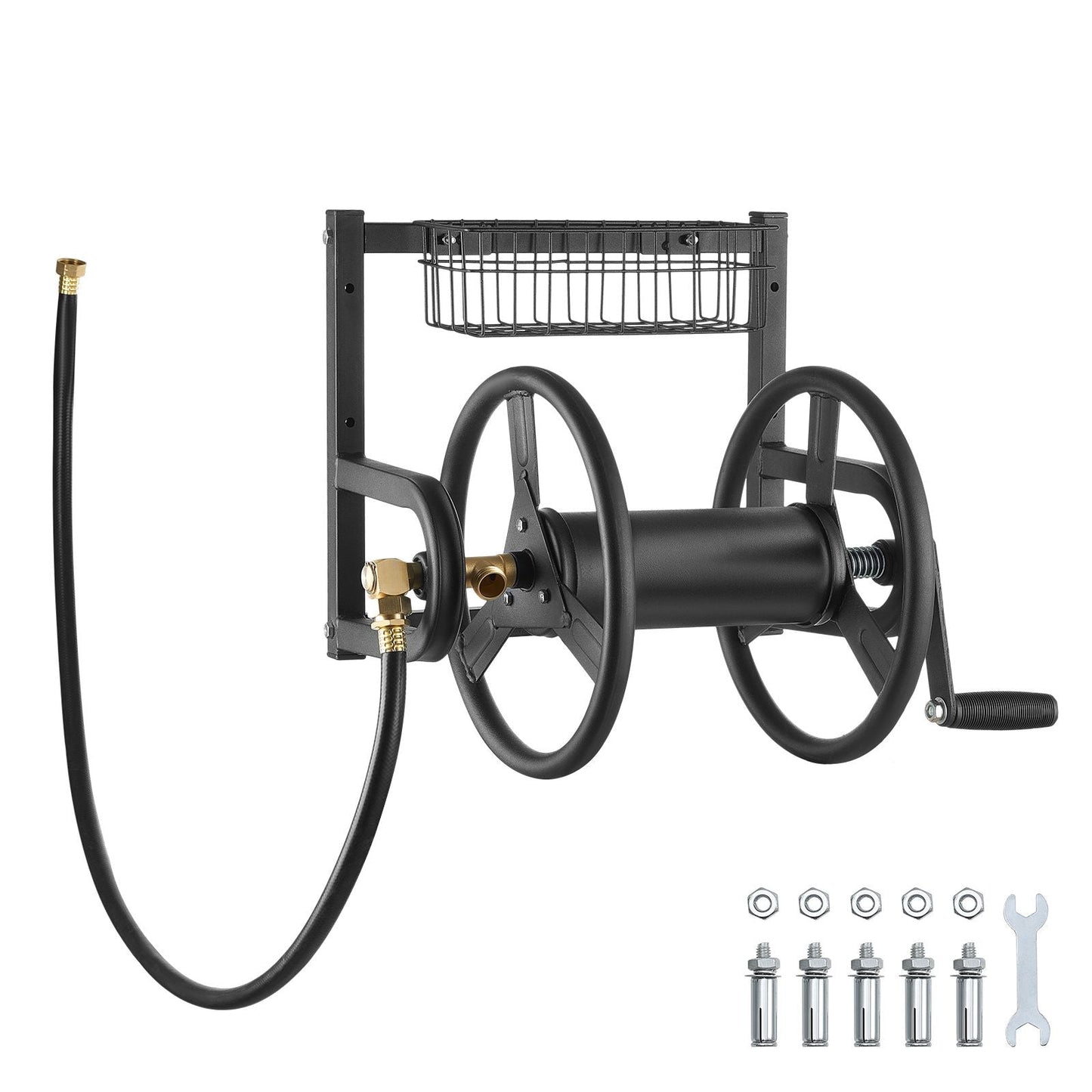 Wall Mounted Garden Hose Reel, Holds 125 ft 5/8-inch Hose, Heavy-Duty Water Hose Winder, Space-Saving Design, Outdoor Manual Reel with Brass Fitting and Storage Basket for Yard Lawn New Era Fashion LLc