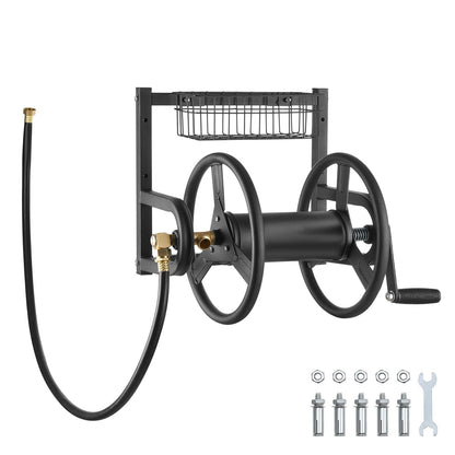 Wall Mounted Garden Hose Reel, Holds 125 ft 5/8-inch Hose, Heavy-Duty Water Hose Winder, Space-Saving Design, Outdoor Manual Reel with Brass Fitting and Storage Basket for Yard Lawn New Era Fashion LLc