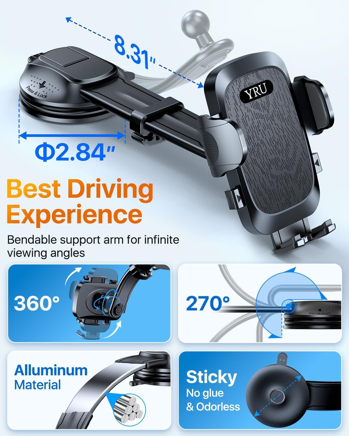 2026 Ultimate Car Phone Holder Mount Bendable & Adjustable Aluminum Arm Cell Phone Holder for Car Dashboard Windshield Phone Stand for iPhone 17 16 15 14 Pro Max Samsung Pickup Truck New Era Fashion LLc