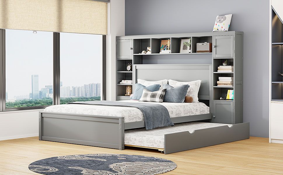 Queen Size Wooden Bed With All-in-One Cabinet, Shelf and Sockets,Twin XL Trundle, Gray New Era Fashion LLc