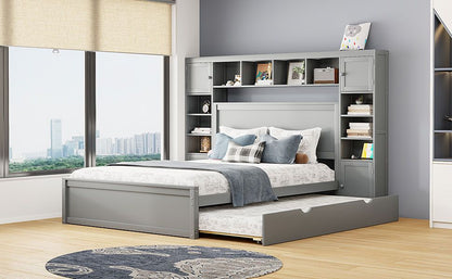 Queen Size Wooden Bed With All-in-One Cabinet, Shelf and Sockets,Twin XL Trundle, Gray New Era Fashion LLc