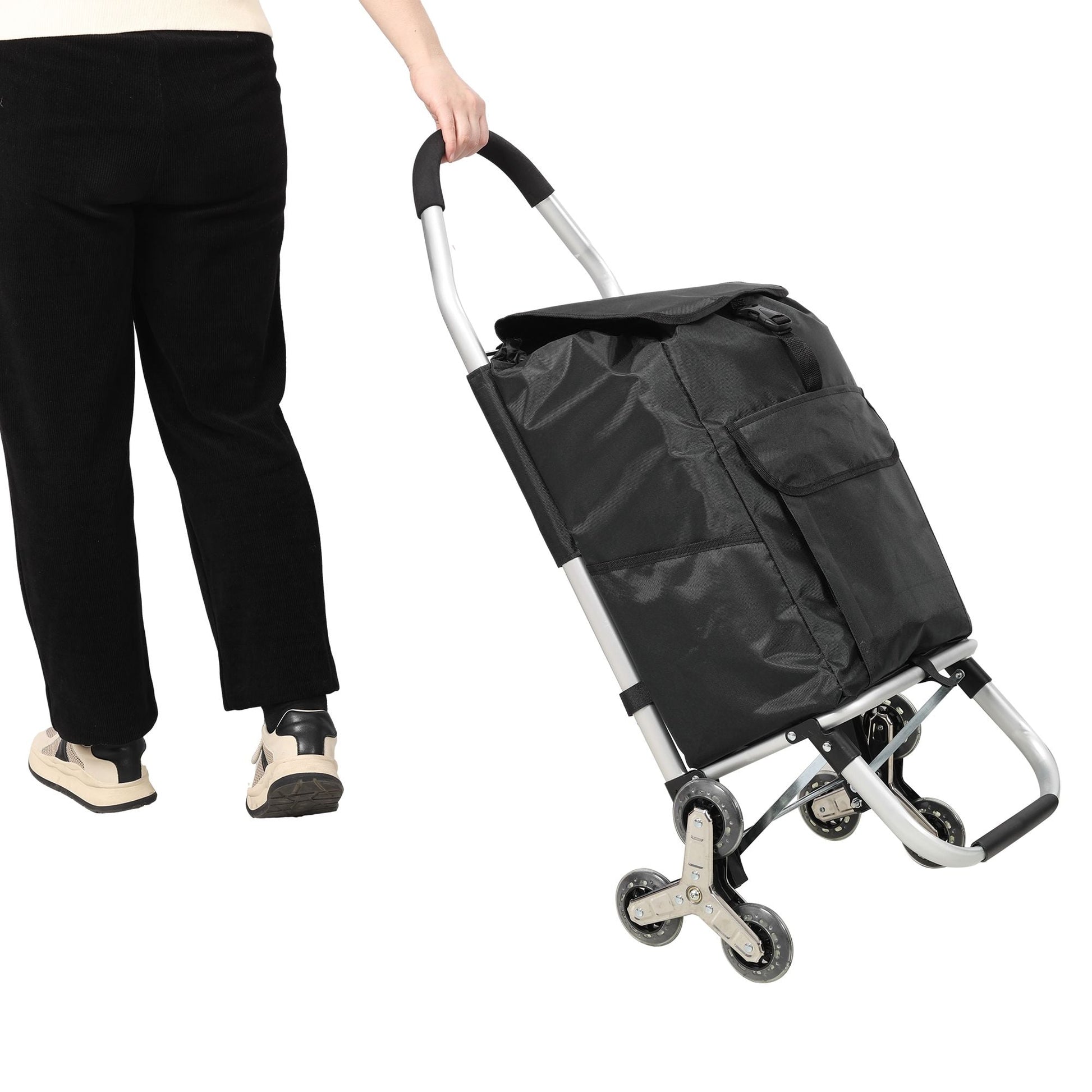 2 in 1 Shopping Stair Trolley with Wheels,Trolley Black Foldable Shopping Cart,Removable Shopping Oxford Waterproof Bag,Stainless Steel Triangular Wheels, Black New Era Fashion LLc