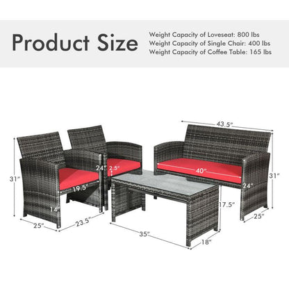 4 Pieces Patio Rattan Furniture Set with Glass Table and Loveseat New Era Fashion LLc