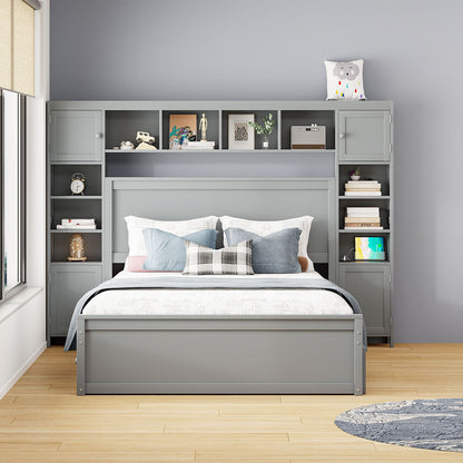 Queen Size Wooden Bed With All-in-One Cabinet, Shelf and Sockets,Twin XL Trundle, Gray New Era Fashion LLc