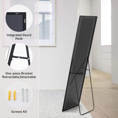 Floor Standing Mirror, Wall Mirror with Stand Aluminum Alloy Thin Frame,21''*64'',Black-rect New Era Fashion LLc