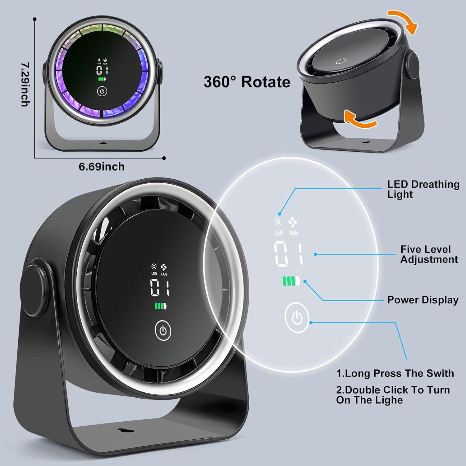 Small Desk Fan 5000mAh Rechargeable Battery Powered -Retro Low Noise Quiet Portable Gentle Blowing with LED Night Light Office Bedroom Table Top Wall Hanging Kitchen Camping Dorm 5-Speed 360° Rotation New Era Fashion LLc