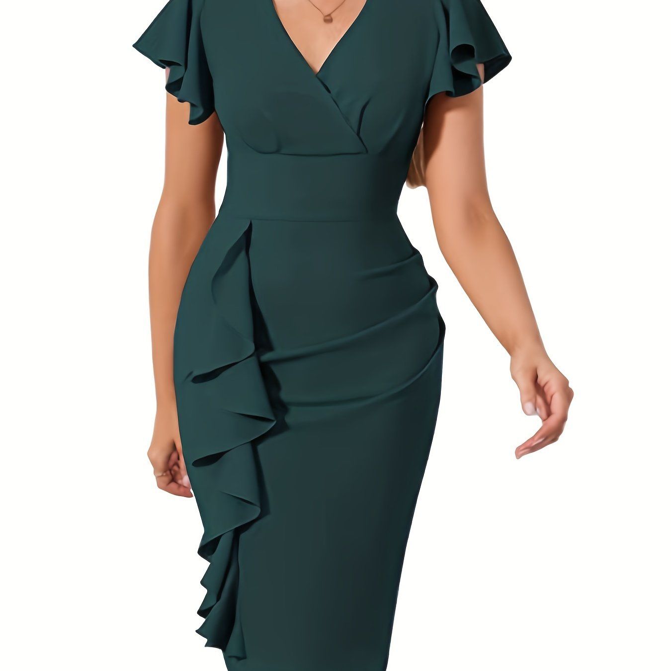 Ruffle Hem Bodycon Dress, Elegant V-neck Flutter Sleeve Dress, Women's Clothing New Era Fashion LLc