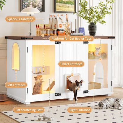 47.25" Large Cat Litter Box Enclosure with LED Light, Hidden Litter Box Furniture, Cat House with Stairs and Cat Scratching Post, Cat Cabinet Side Table with Smart Doors for Living Room New Era Fashion LLc