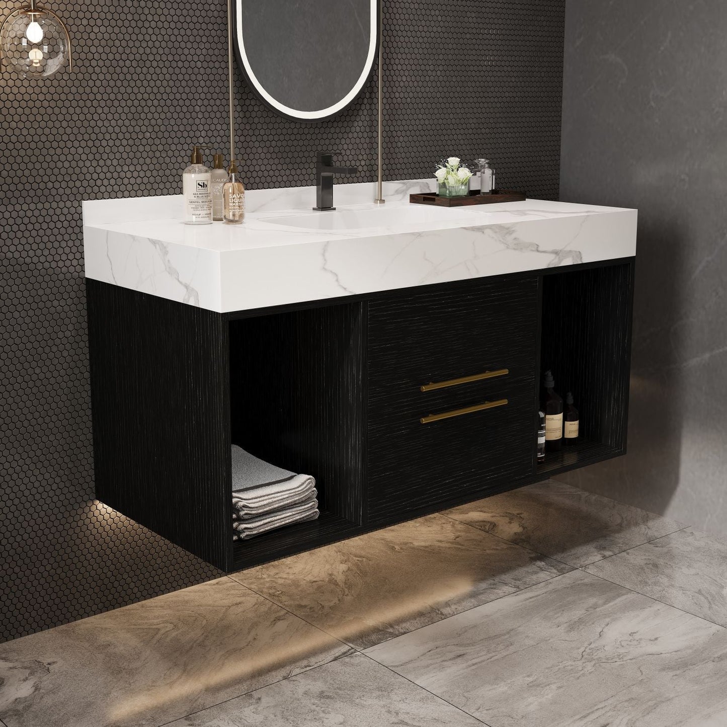 39.4" Bathroom Vanities with Ceramic Sink,Floating Bathroom Vanity,Wall Mounted Storage Cabinet with 2 Drawers and 2 Storage Spaces,Modern Bathroom Sink Cabinet with Metal Handles New Era Fashion LLc