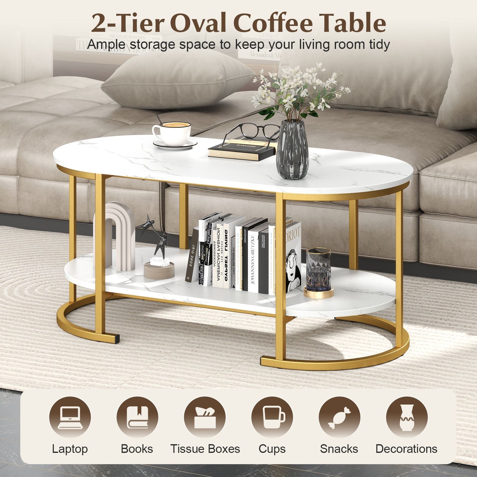 Marble Coffee Table with Open Storage Shelf New Era Fashion LLc