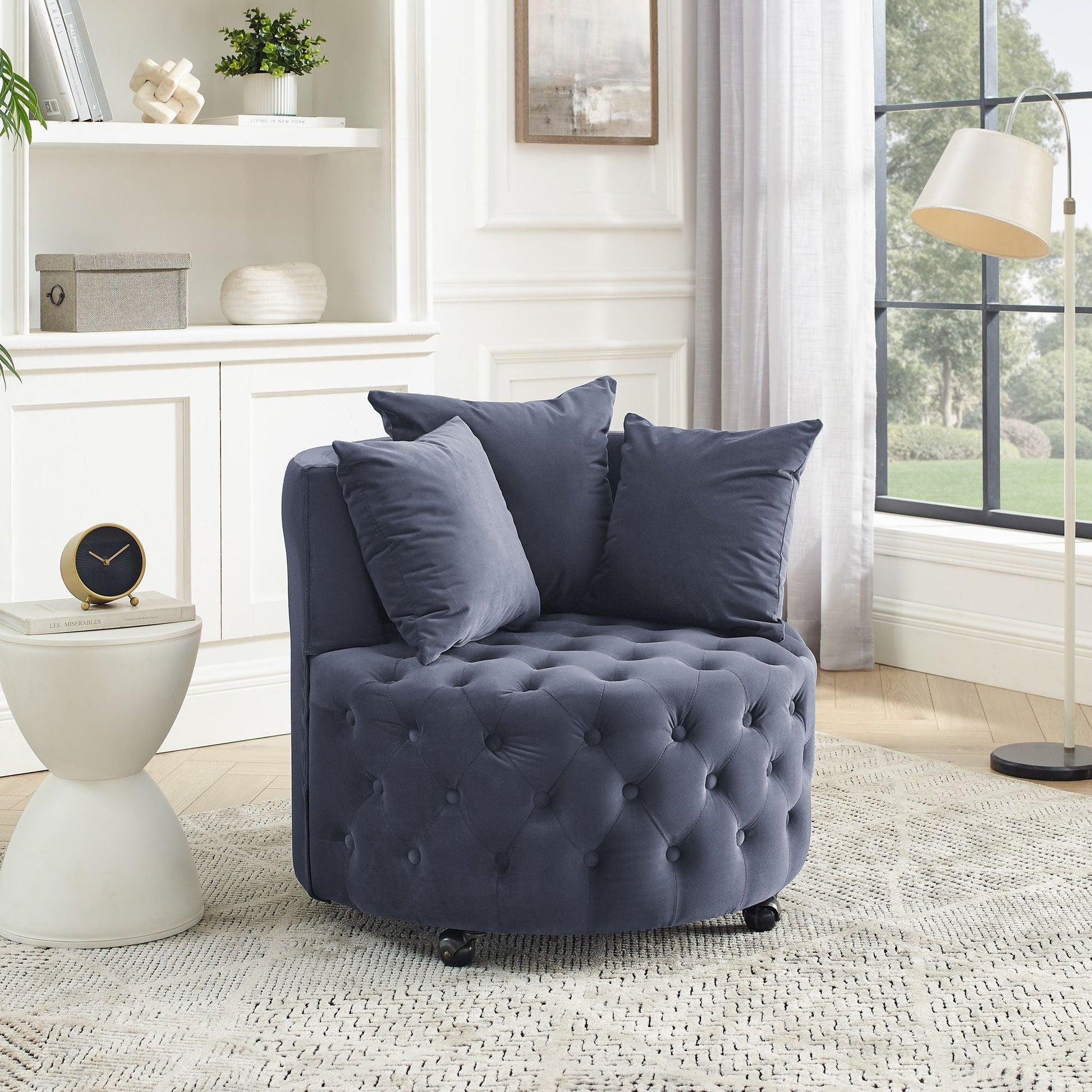 Velvet Upholstered Swivel Chair for Living Room, with Button Tufted Design and Movable Wheels, Including 3 Pillows New Era Fashion LLc