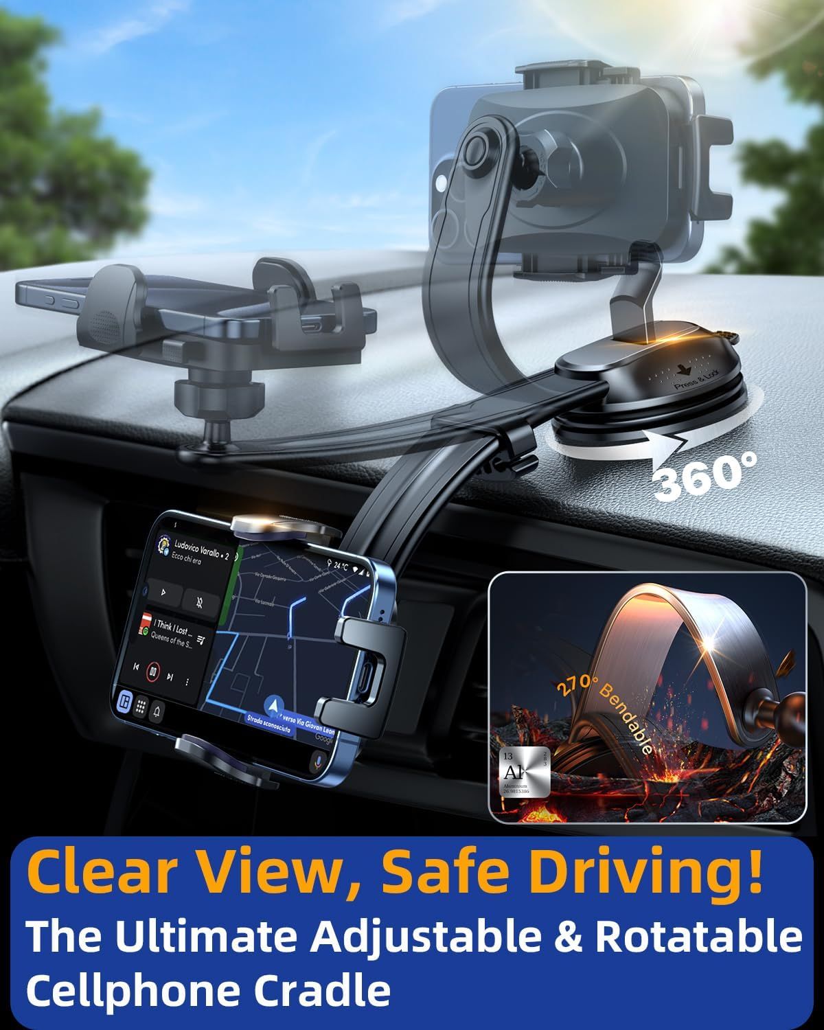 2026 Ultimate Car Phone Holder Mount Bendable & Adjustable Aluminum Arm Cell Phone Holder for Car Dashboard Windshield Phone Stand for iPhone 17 16 15 14 Pro Max Samsung Pickup Truck New Era Fashion LLc