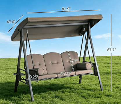 3-Seat Outdoor Patio Swing Chair Porch Glider with Adjustable Canopy Removable Cushion Pillows Side Trays for Garden Poolside Backyard Brown New Era Fashion LLc
