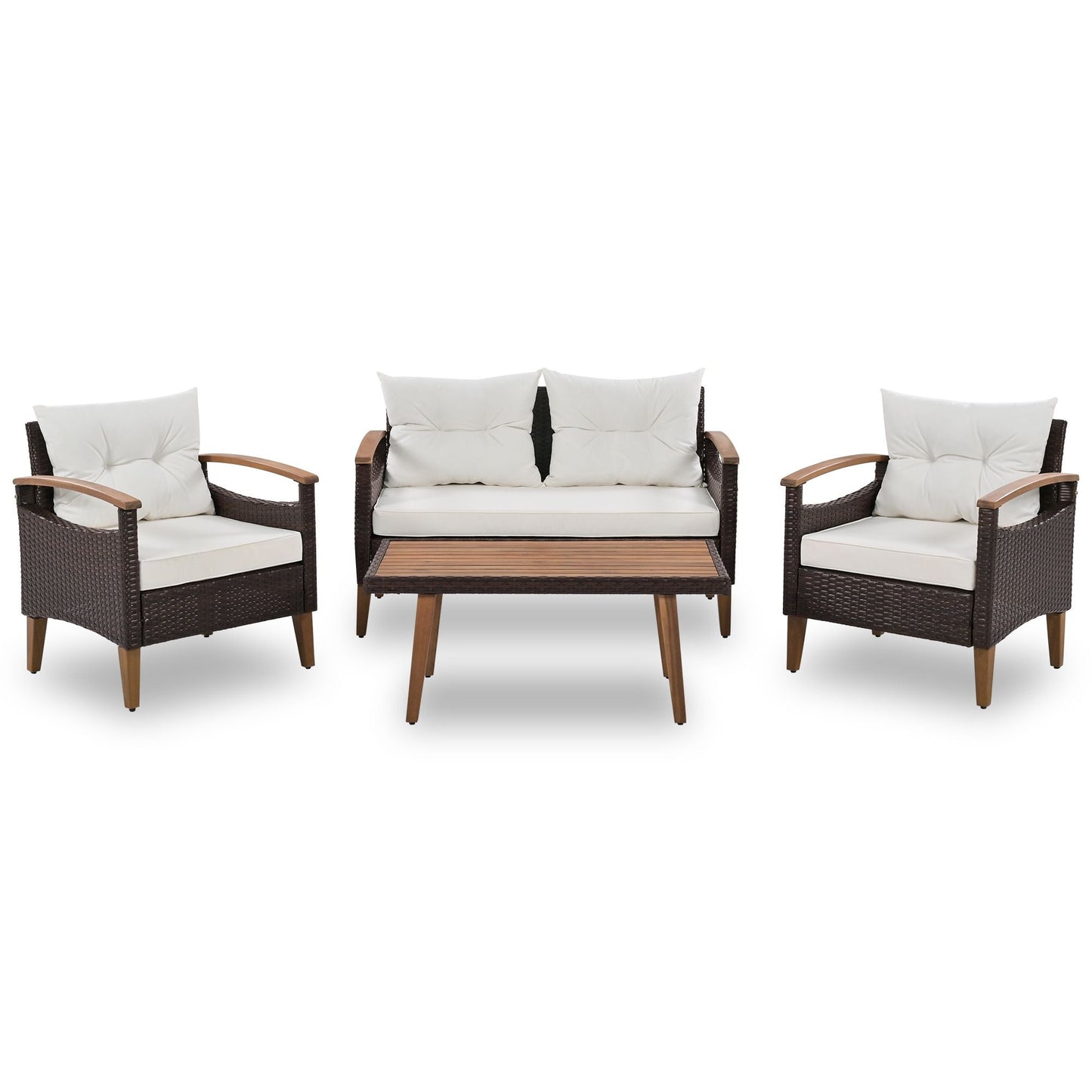 4-Piece Garden Furniture; Patio Seating Set; PE Rattan Outdoor Sofa Set; Wood Table and Legs; Brown and Beige New Era Fashion LLc