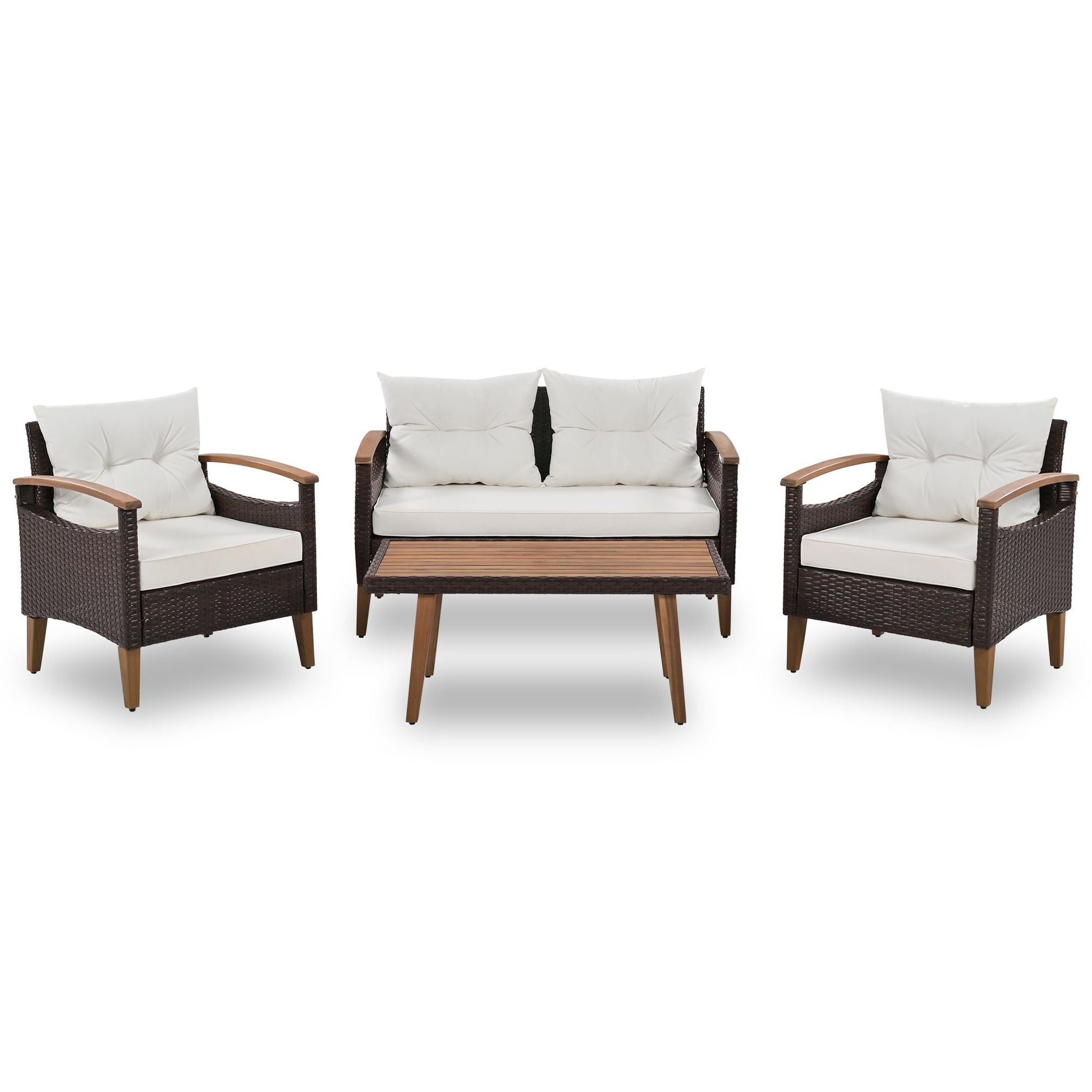 4-Piece Garden Furniture; Patio Seating Set; PE Rattan Outdoor Sofa Set; Wood Table and Legs; Brown and Beige New Era Fashion LLc