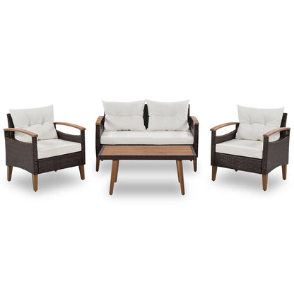 4-Piece Garden Furniture; Patio Seating Set; PE Rattan Outdoor Sofa Set; Wood Table and Legs; Brown and Beige New Era Fashion LLc