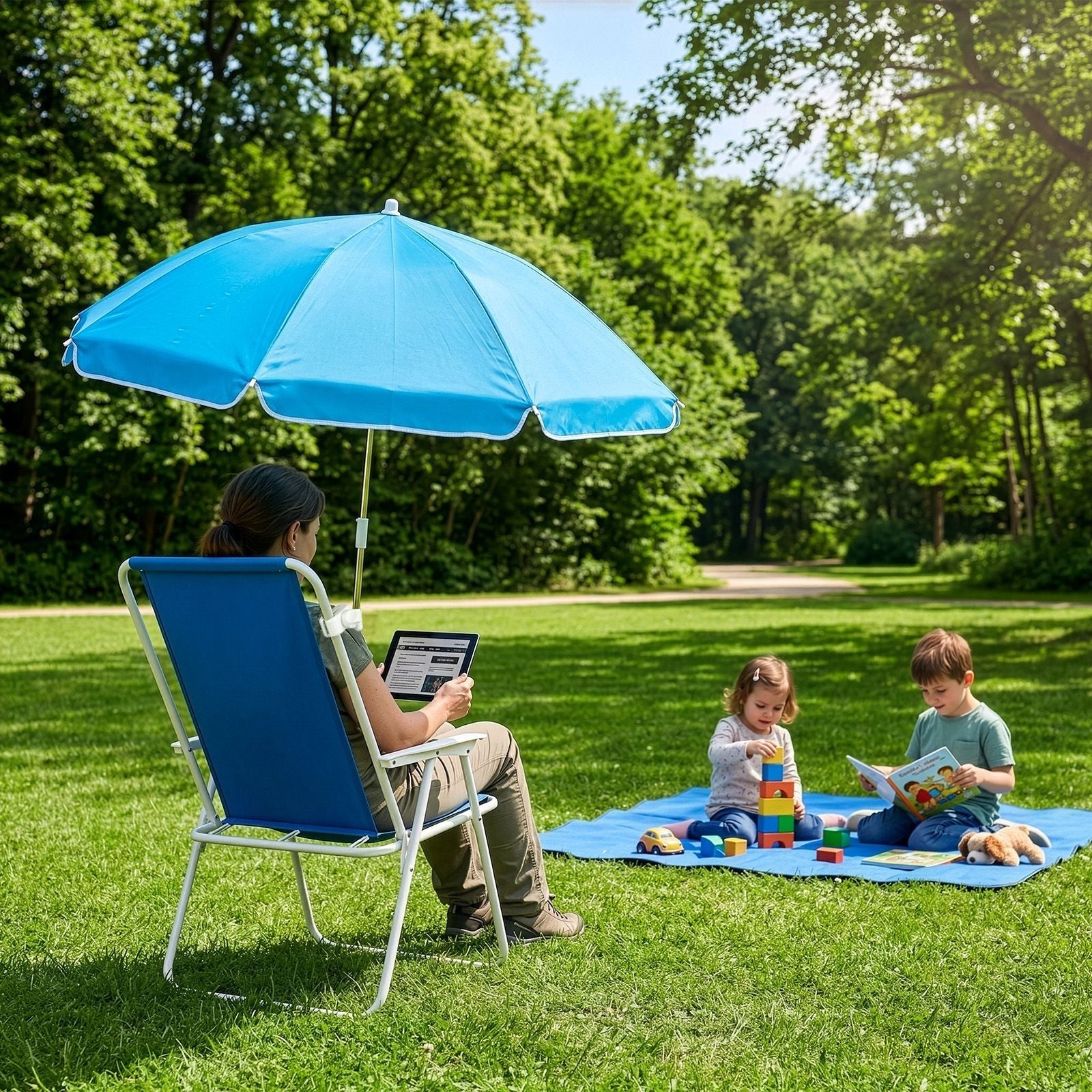 1 Pack Heavy Duty Steel Beach Chair with Umbrella, XL Size 15" Seat Height Royal Blue, Oxford Cloth with Support Bar, Single Position Adjustable, 120kg Load New Era Fashion LLc