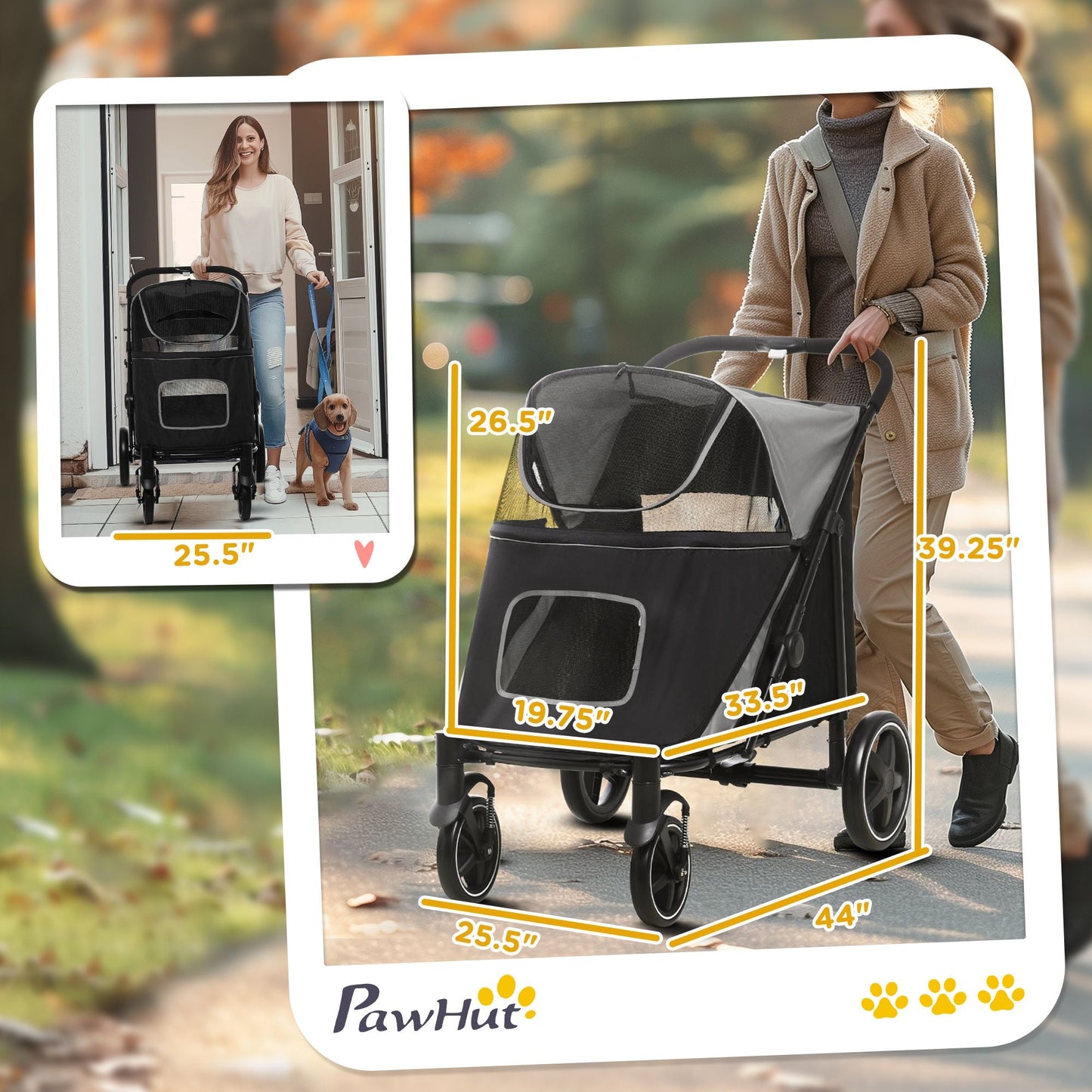 Pet Stroller Dog Cat Carriage One Click Fold with Universal Front Wheels Shock Absorber Brakes Storage Bags Mesh Window New Era Fashion LLc