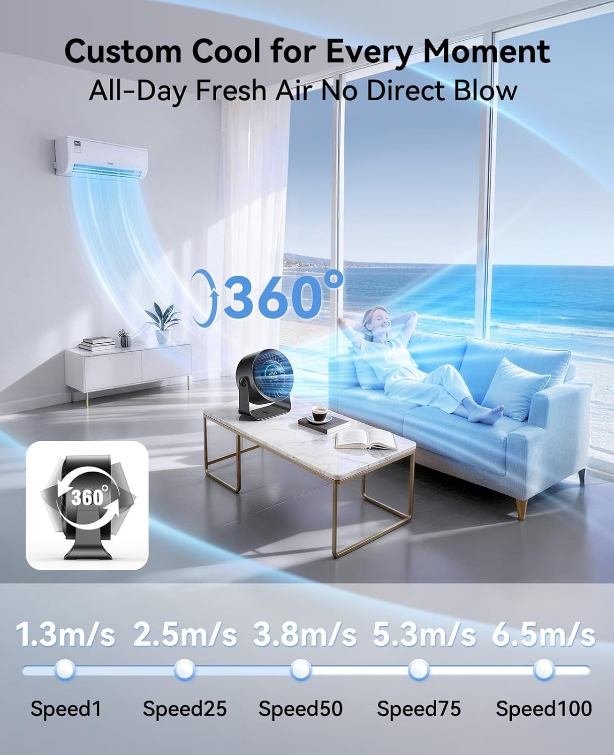 Rechargeable USB Desk Fan for Bedroom, 100 Speeds, 360° Rotation, Wall Mounted Design Small Portable Table Fan with LED Display, Quiet Personal Desktop Cooling Fans for Home Office New Era Fashion LLc