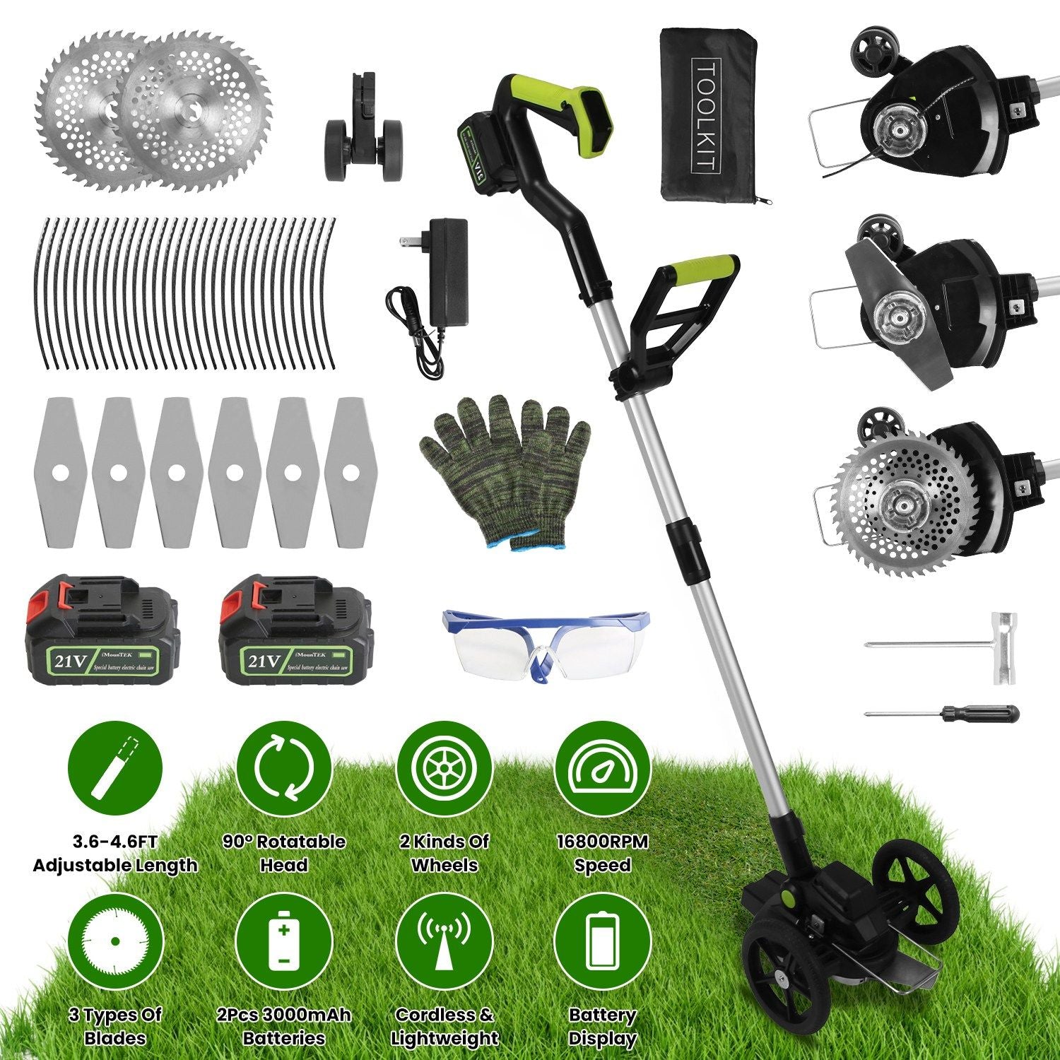 21V Electric Weed Edger Cordless String Trimmer Grass Mower Eater Bush Cutter with 16800RPM 2x 3000mAh Batteries 3.6-4.6FT Length 90° Rotatable Angle Saw Blade Steel Blade String Blade New Era Fashion LLc
