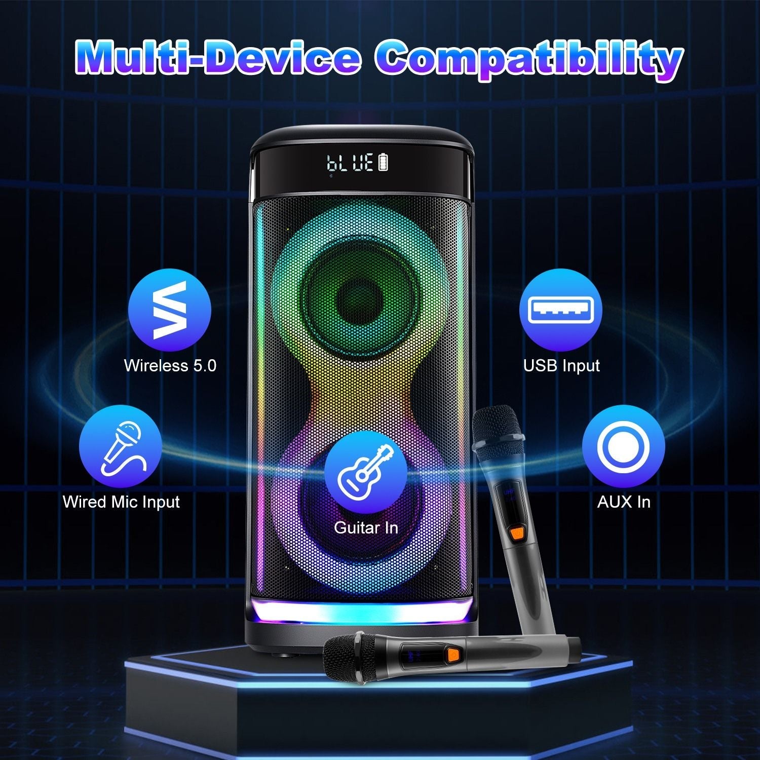 Portable Wireless Party Speaker with LED Light Wireless Mic Remote Control TWS Treble Bass Mic. Echo Music Accompany Mic. Priority Guitar In New Era Fashion LLc