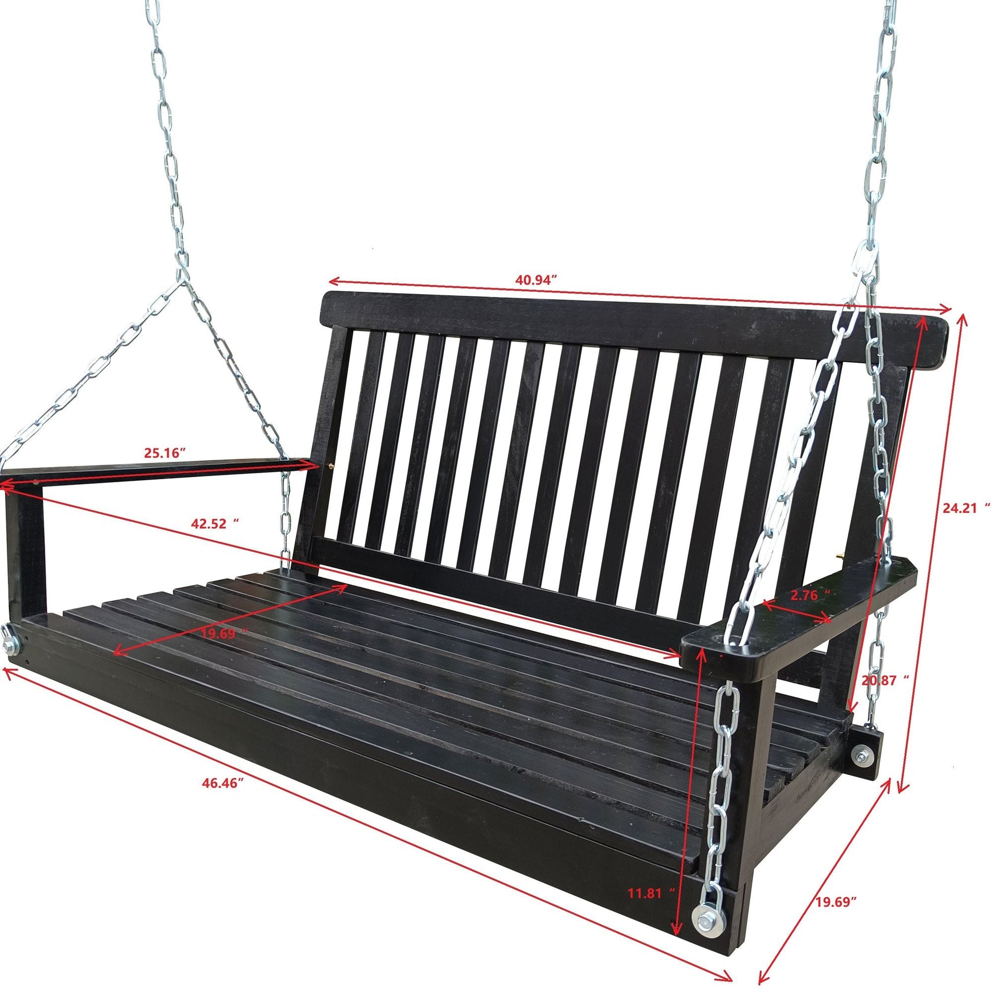 Front Porch Swing with Armrests;  Wood Bench Swing with Hanging Chains; for Outdoor Patio ; Garden Yard;  porch;  backyard;  or sunroom; Easy to Assemble; black New Era Fashion LLc