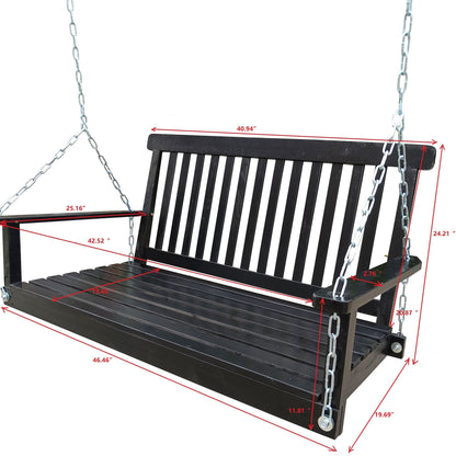 Front Porch Swing with Armrests;  Wood Bench Swing with Hanging Chains; for Outdoor Patio ; Garden Yard;  porch;  backyard;  or sunroom; Easy to Assemble; black New Era Fashion LLc