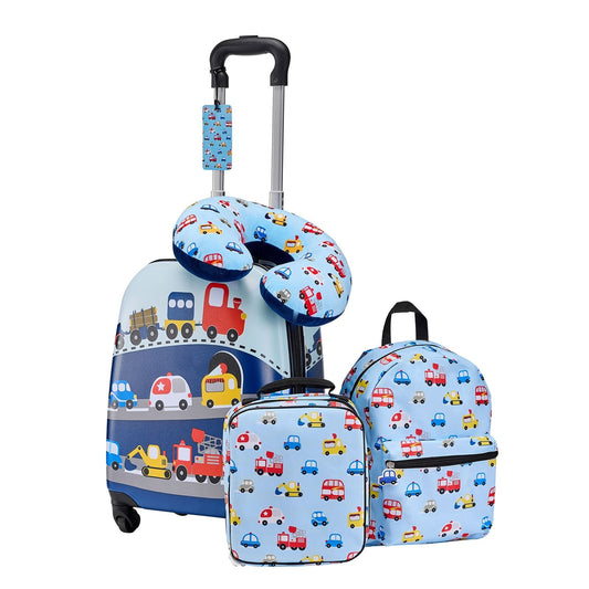 Kids Luggage Set, 5 Piece, 18 Inch Hardside Rolling Wheels Suitcase with Backpack & U-shape Pillow, Truck Kids Carry on Luggage Set, Holiday Birthday Gift for Girls Boys, Airline Approved New Era Fashion LLc