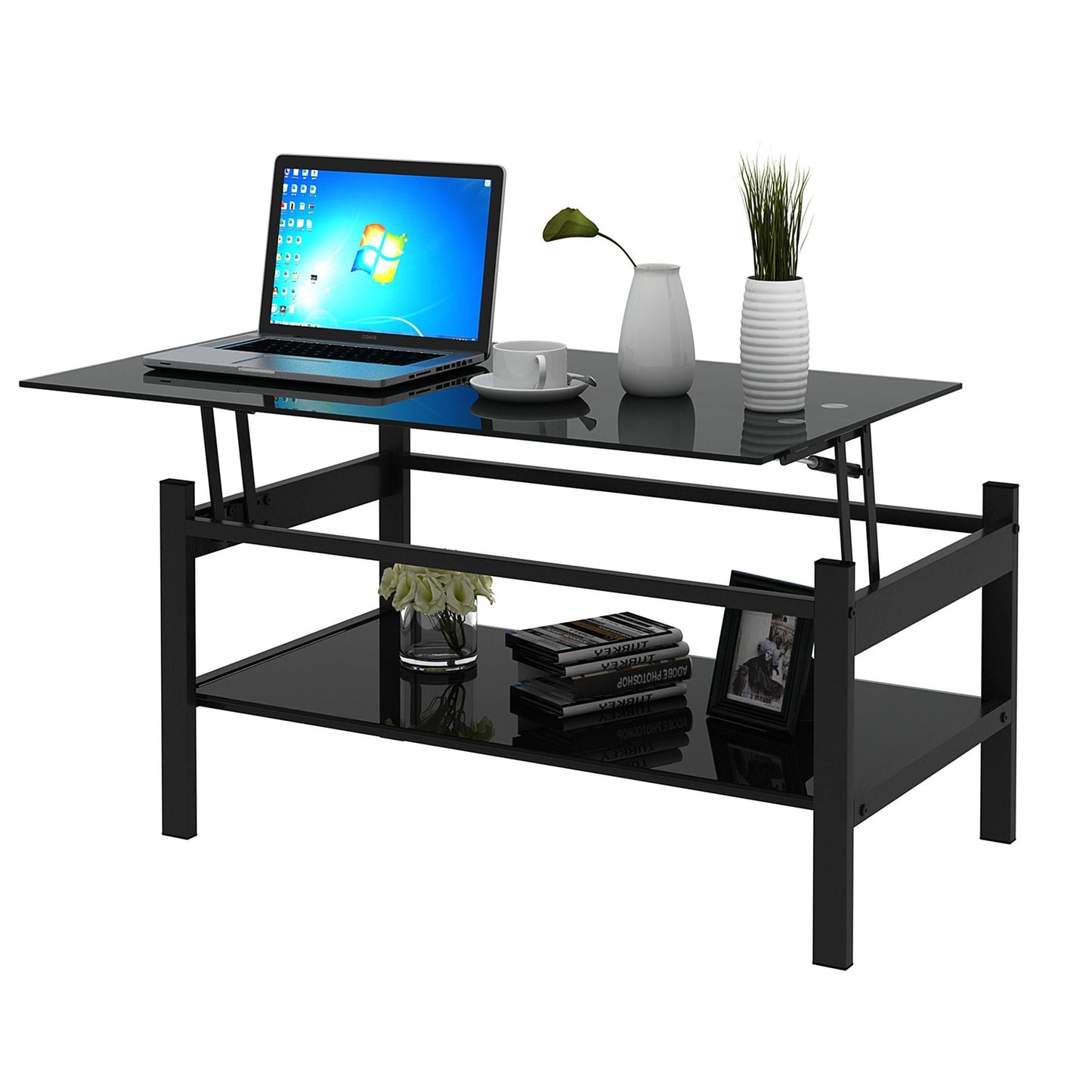 Glass Lift Top Coffee Table;  Modern Simple 2-Layer Tempered Glass Coffee Table for Living Room;  Black New Era Fashion LLc