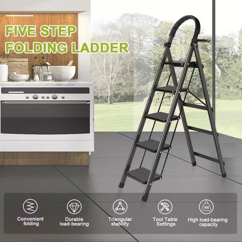 5 Step Ladder with Anti-Slip Pedals, Foldable Steel Step Stool with Tool Tray, 300LBS Capacity Portable Ladder for Home, Kitchen, Library, Office New Era Fashion LLc