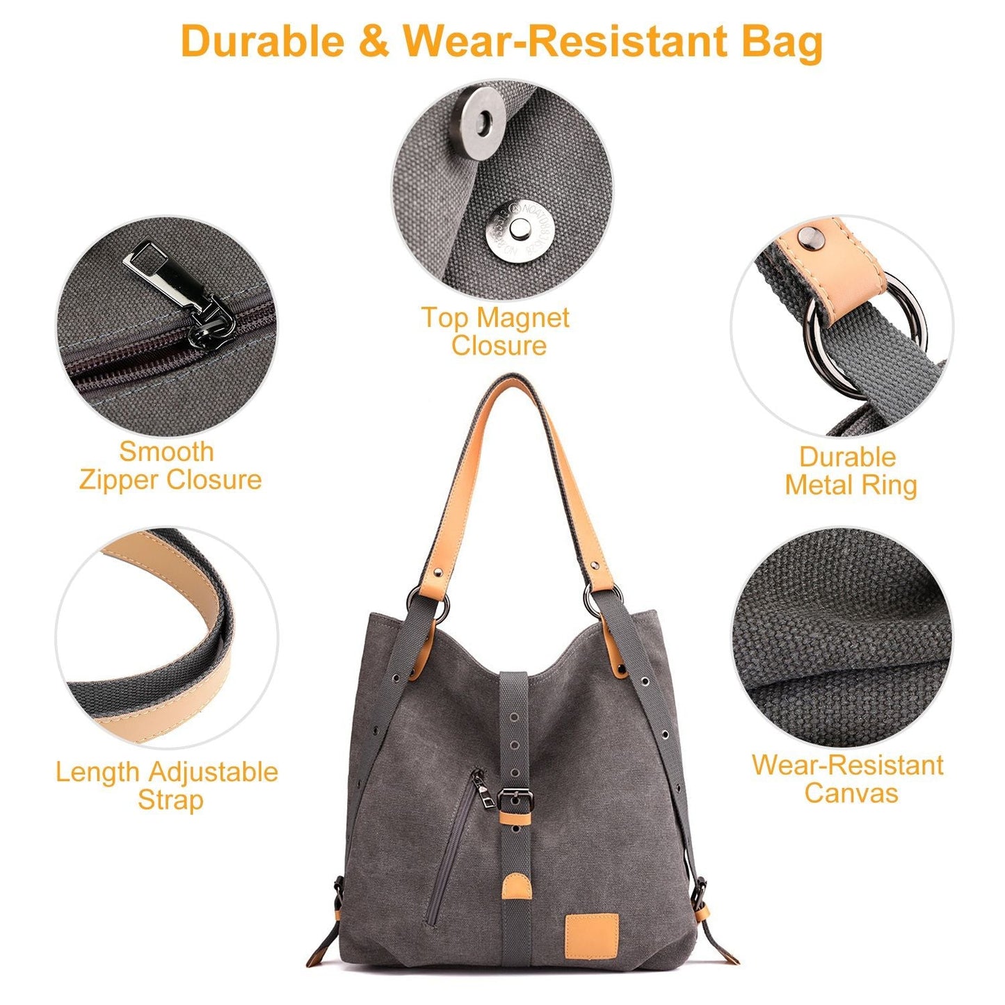Ladies Canvas Tote Bag Multifunctional Purse Handbag Adjustable Shoulder Rucksack Convertible Backpack Wear-Resistant Dirt-Proof For Women School Office Travel New Era Fashion LLc