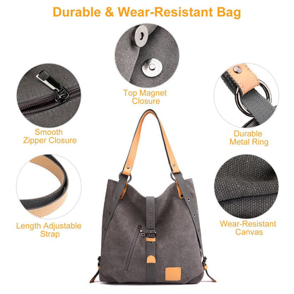 Ladies Canvas Tote Bag Multifunctional Purse Handbag Adjustable Shoulder Rucksack Convertible Backpack Wear-Resistant Dirt-Proof For Women School Office Travel New Era Fashion LLc