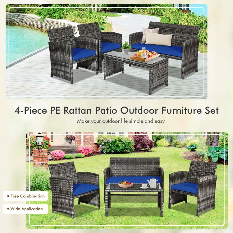 4 Pieces Patio Rattan Furniture Set with Glass Table and Loveseat New Era Fashion LLc