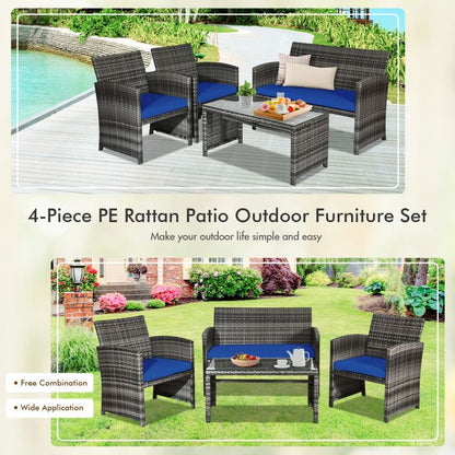 4 Pieces Patio Rattan Furniture Set with Glass Table and Loveseat New Era Fashion LLc