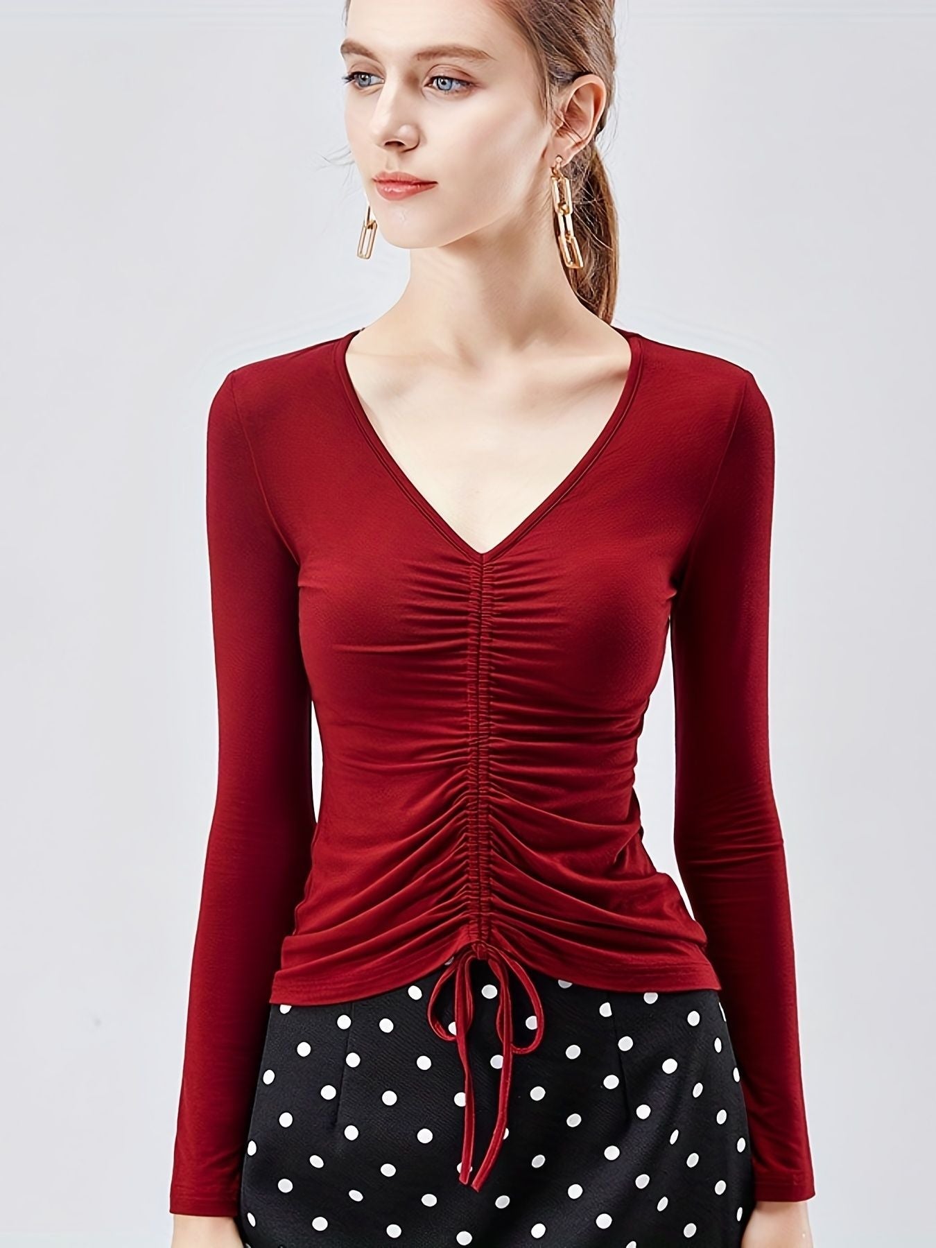 Solid Drawstring Ruched V-neck T-Shirt, Casual Long Sleeve T-Shirt For Spring & Fall, Women's Clothing New Era Fashion LLc