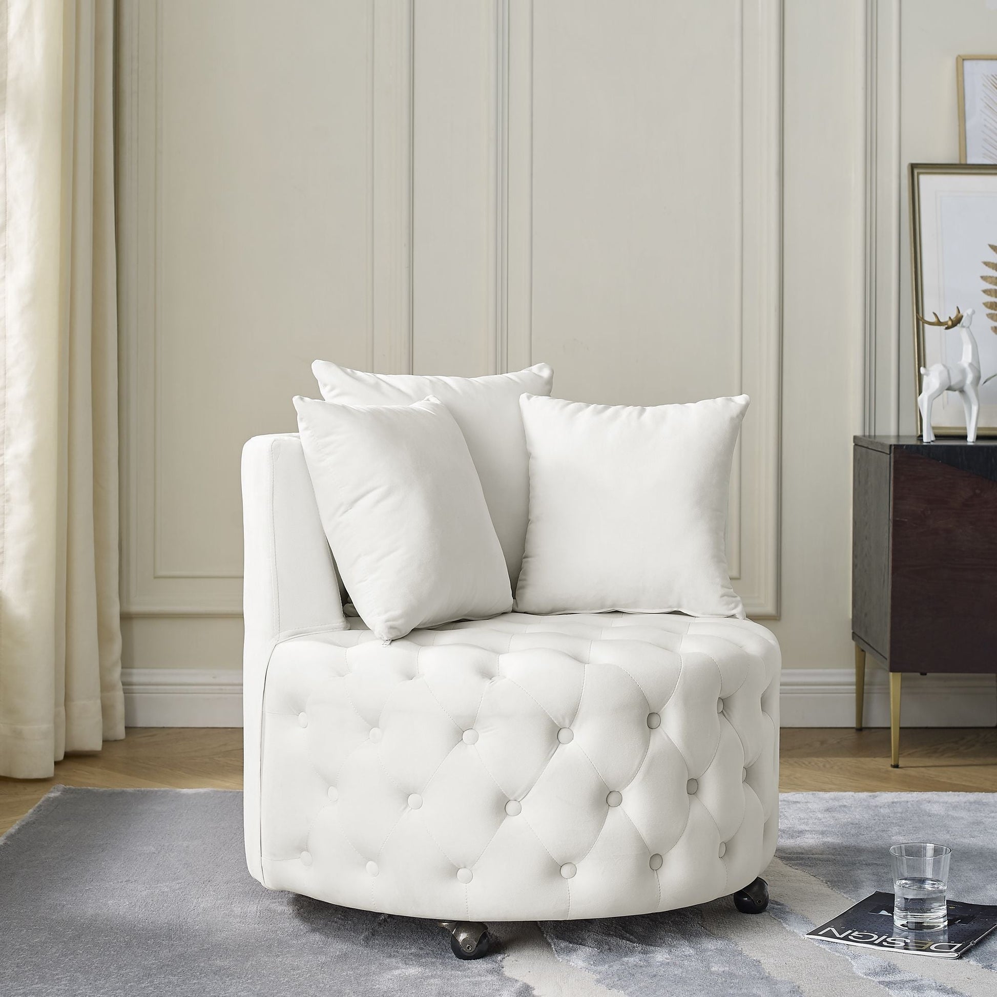 Velvet Upholstered Swivel Chair for Living Room, with Button Tufted Design and Movable Wheels, Including 3 Pillows New Era Fashion LLc