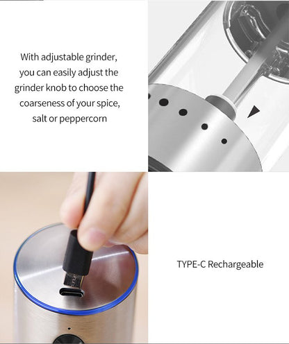Electric Salt or Pepper Grinder , Stainless Steel with LED Light, Type-C Rechargeable, Ceramic Adjustable Coarseness, 95ml Large Capacity Visible Window, Patented Light Pipe Washable Design for Kitche New Era Fashion LLc