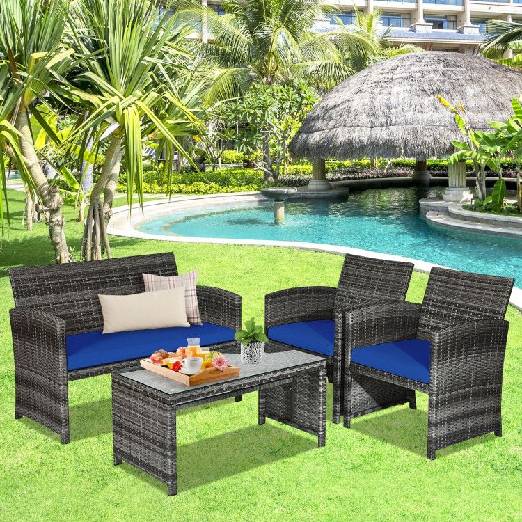 4 Pieces Patio Rattan Furniture Set with Glass Table and Loveseat New Era Fashion LLc