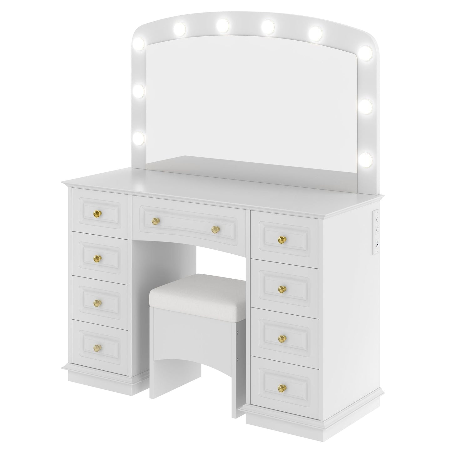 Luxurious Makeup Vanity with 10 Hollywood Bulbs, 3 Color Lighting Modes, Classic Dressing Table with Cushioned Stool and 9 Storage Drawers for Bedroom New Era Fashion LLc