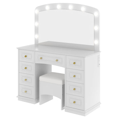 Luxurious Makeup Vanity with 10 Hollywood Bulbs, 3 Color Lighting Modes, Classic Dressing Table with Cushioned Stool and 9 Storage Drawers for Bedroom New Era Fashion LLc