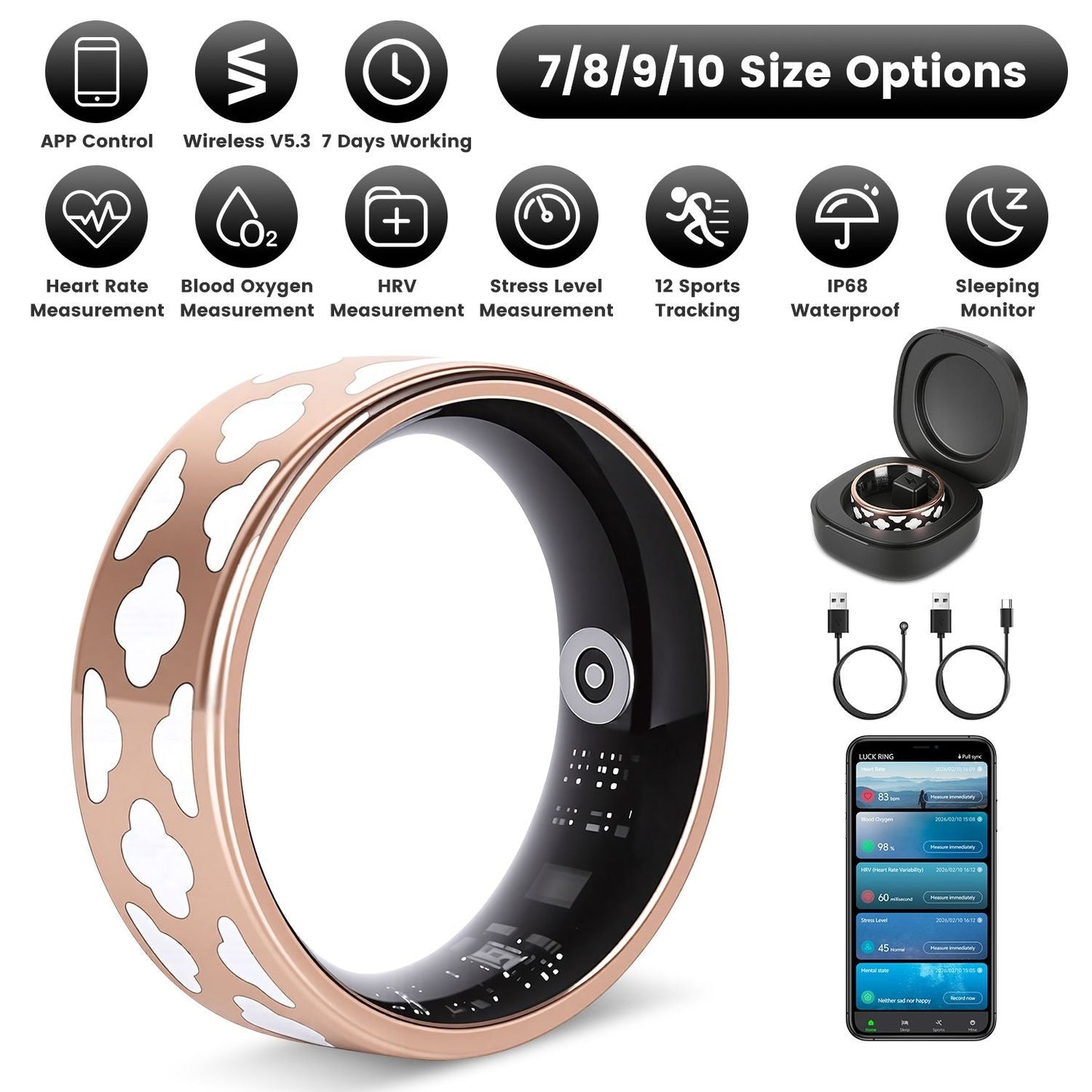 Size7/8/9/10 Options -- 1Pc Smart Ring Health Tracker Fitness/Sleep/Stress/HRV Tracker with Charging Case Magnetic Charging Cable for Women & Men Compatible with iOS & Android 7-Day Battery Life New Era Fashion LLc