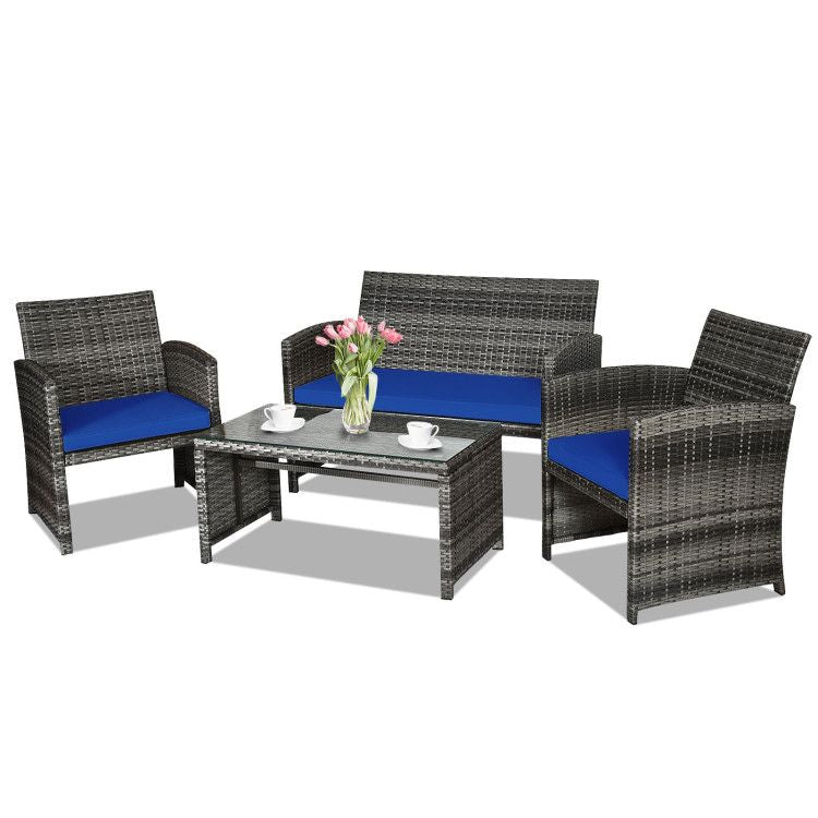 4 Pieces Patio Rattan Furniture Set with Glass Table and Loveseat New Era Fashion LLc