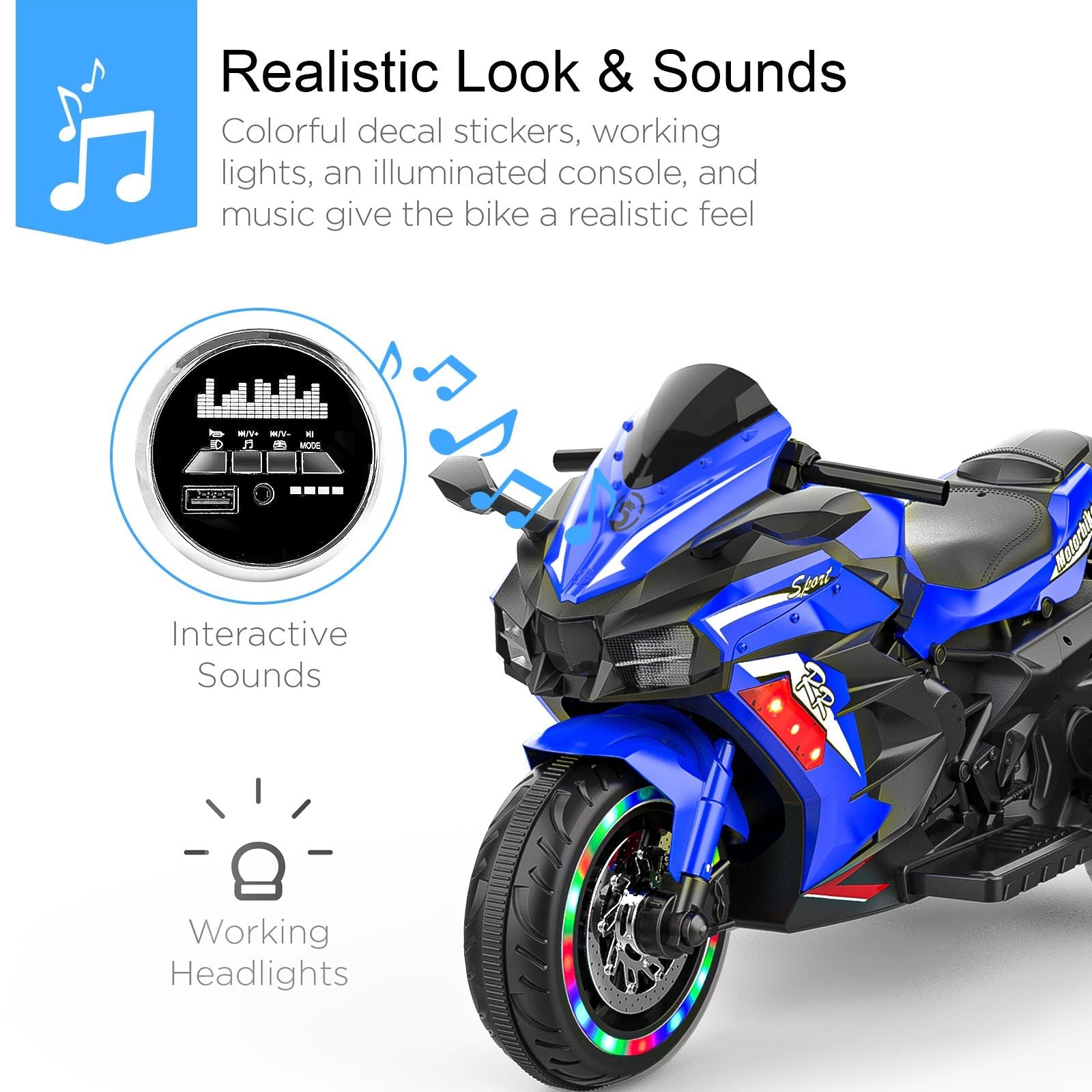 Kids Powered Ride-ons Toy, Kids Motorcycle for 3-6 Years, 12V Electric Ride on Motorcycle with Light Wheel & Bluetooth Music-Blue New Era Fashion LLc