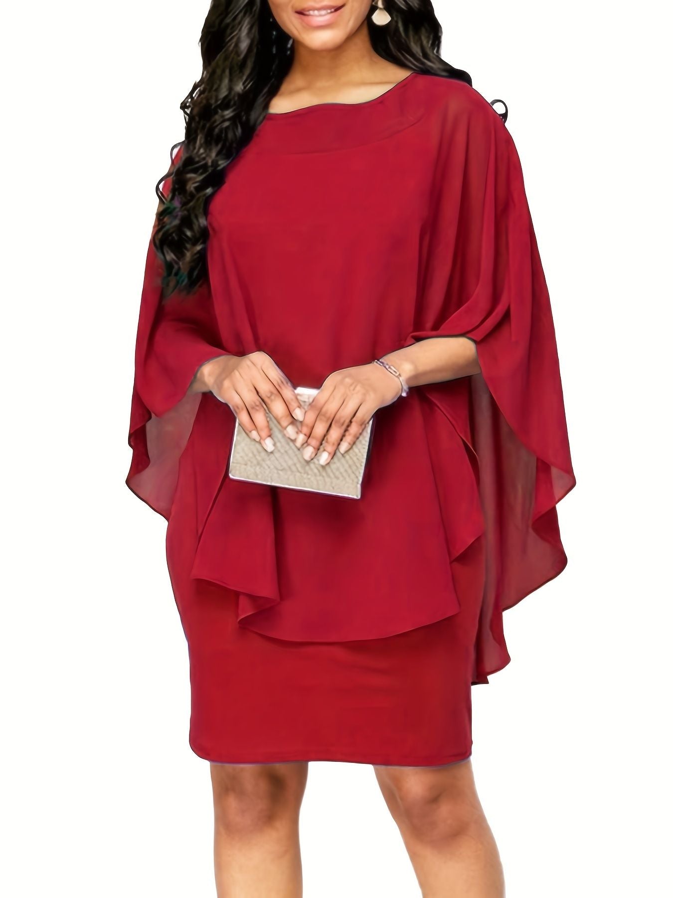 Plus Size Solid Round Neck 3/4 Sleeve Cape Midi Dress; Women's Plus Elegant Slight Stretch Cape Midi Dress New Era Fashion LLc
